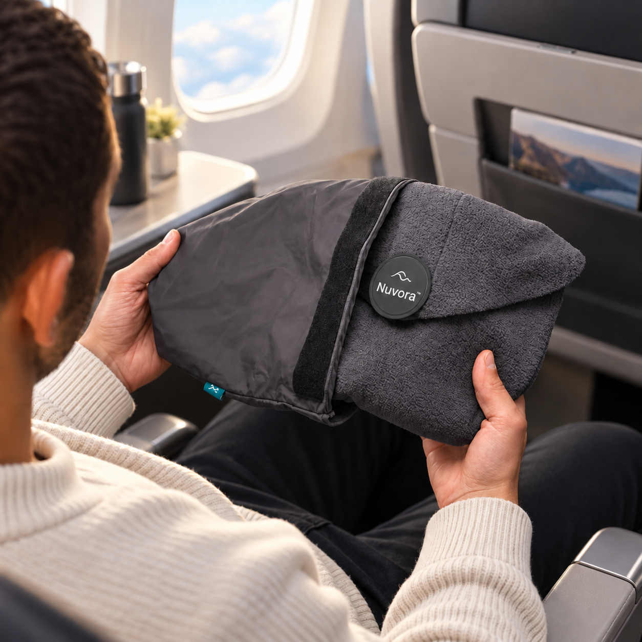 Traveler holding the compact Nuvora pillow