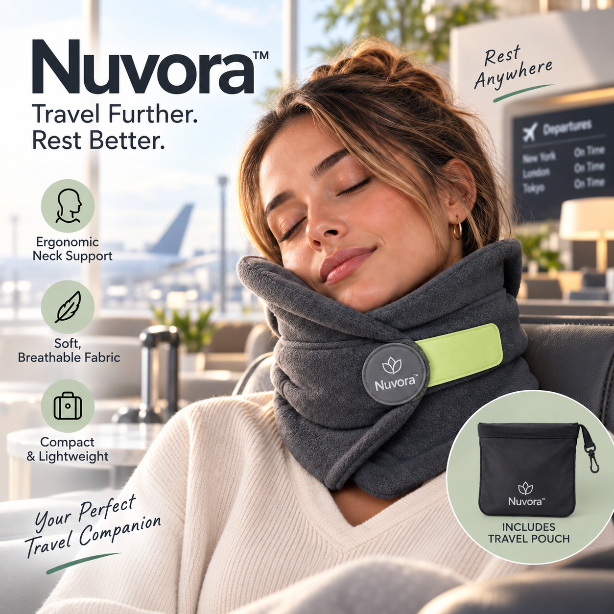 Traveler sleeping comfortably with a Nuvora neck-support pillow