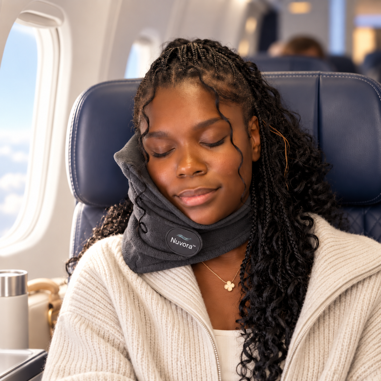 Traveler resting in an airplane seat with Nuvora